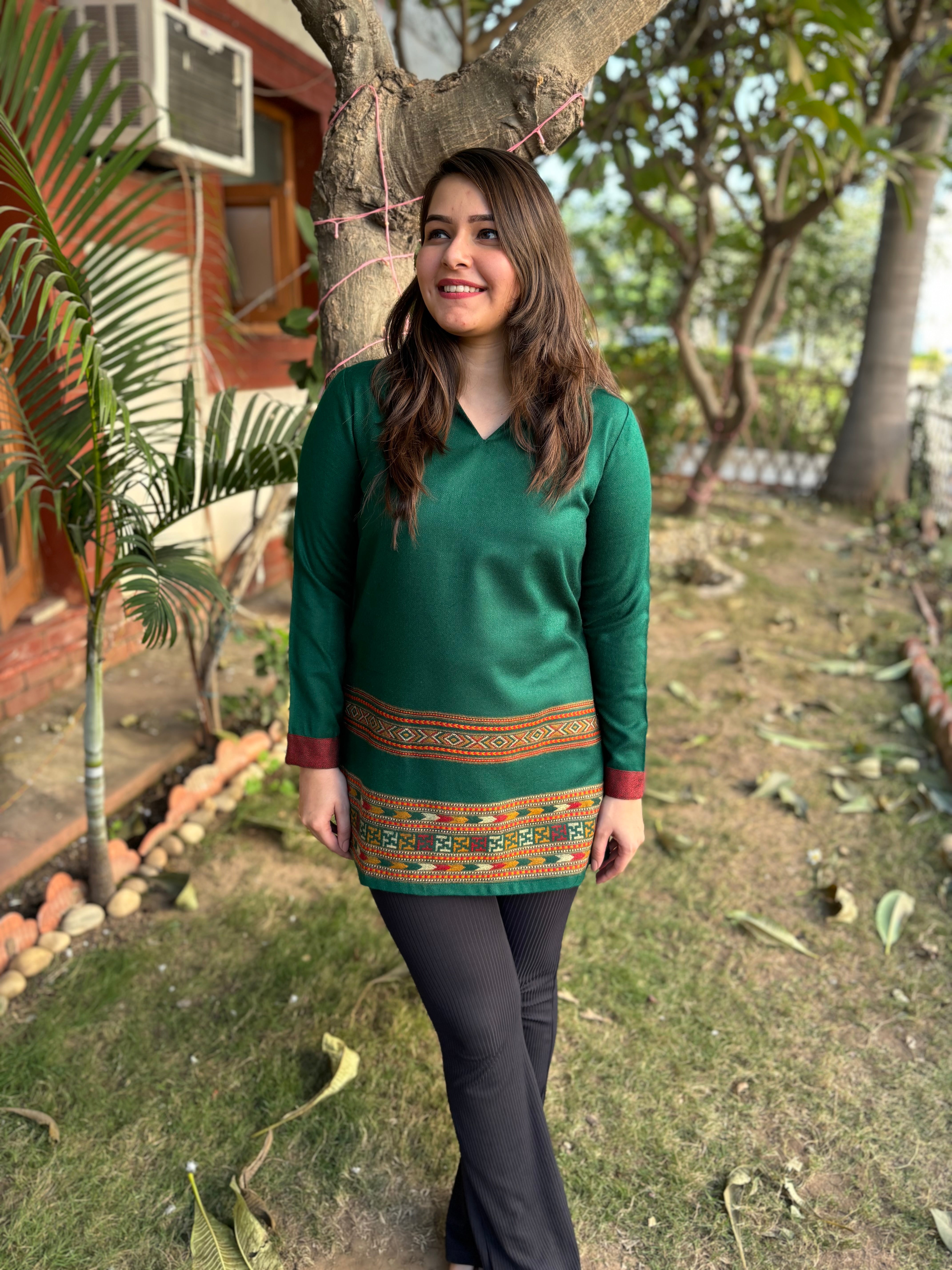 Green Kullu border woollen short kurti