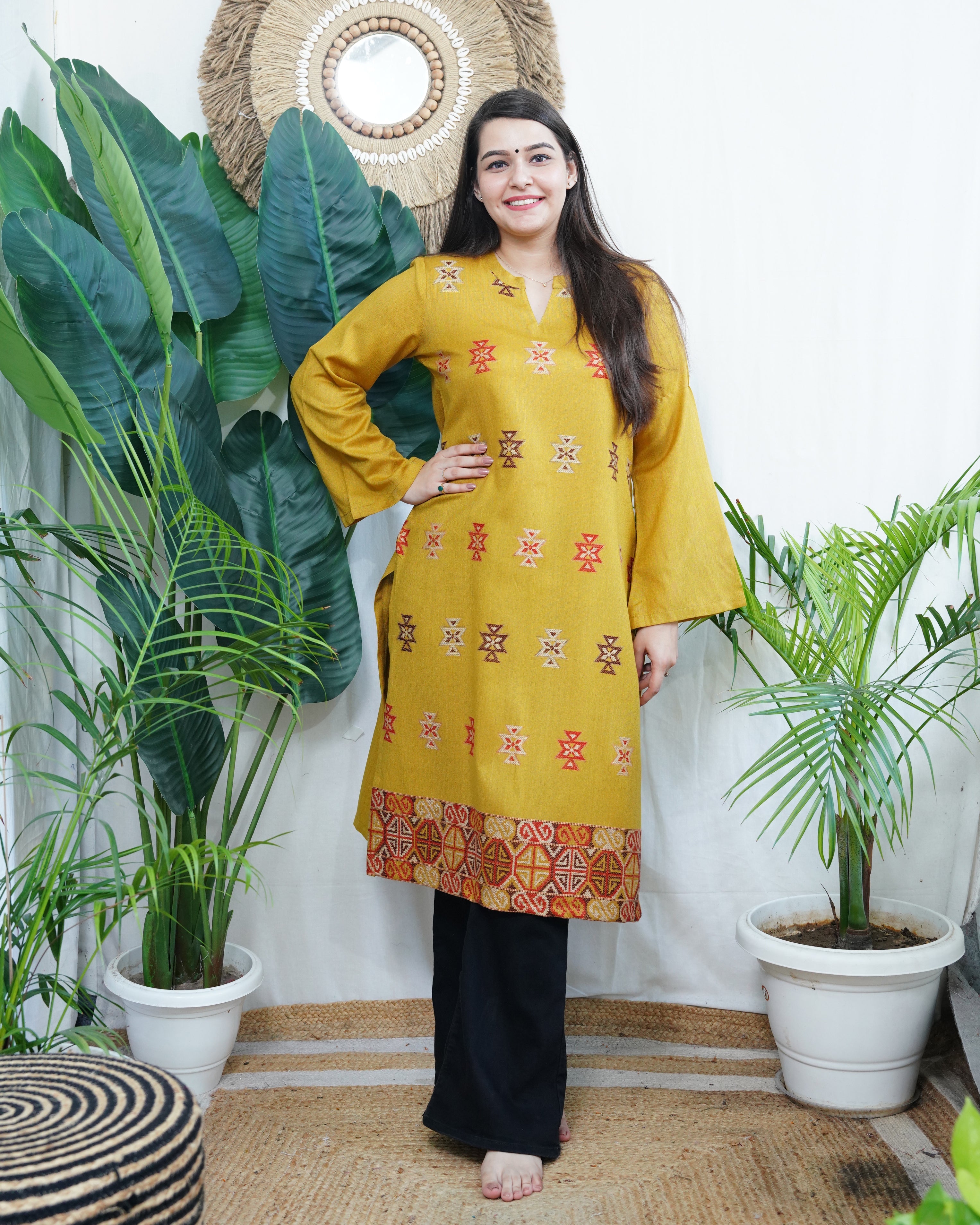 Mustard Kullu Woollen long kurta
