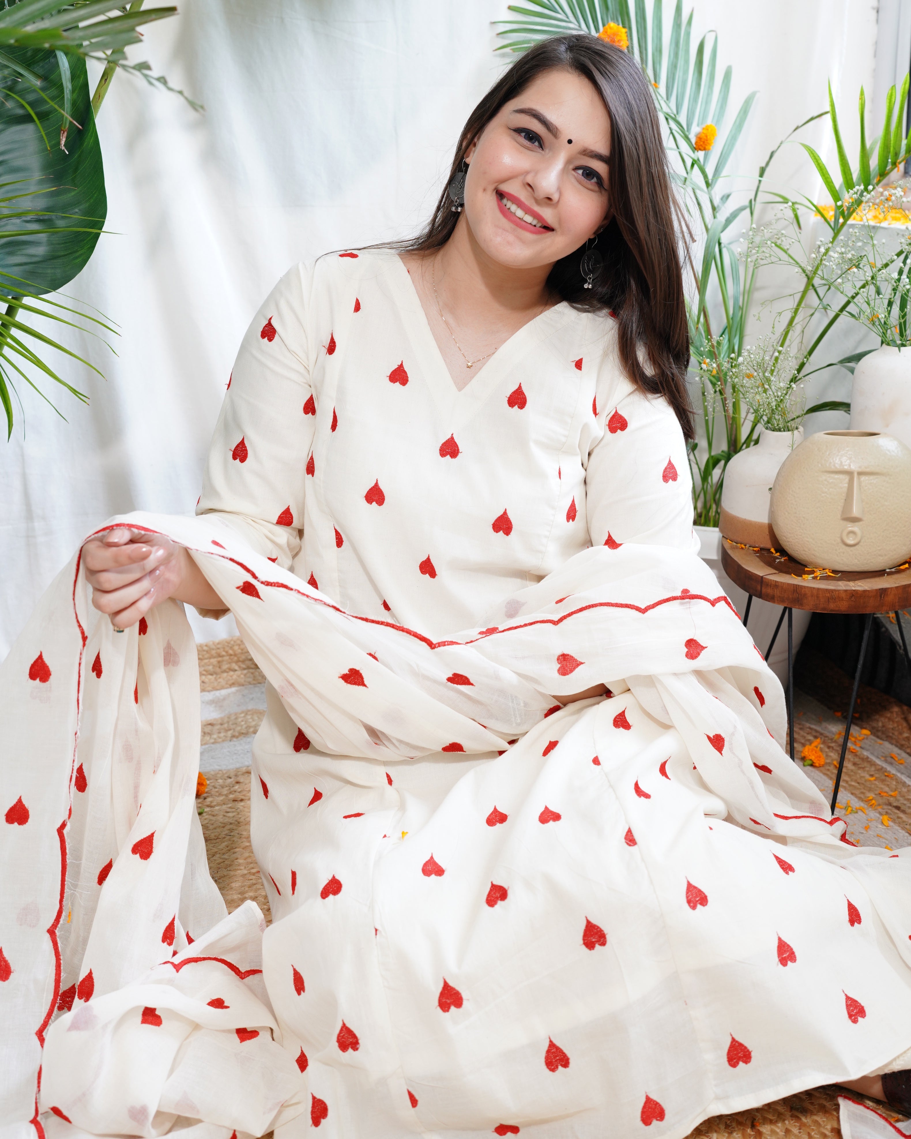 Cream Heart Mulmul Kurta duppata set
