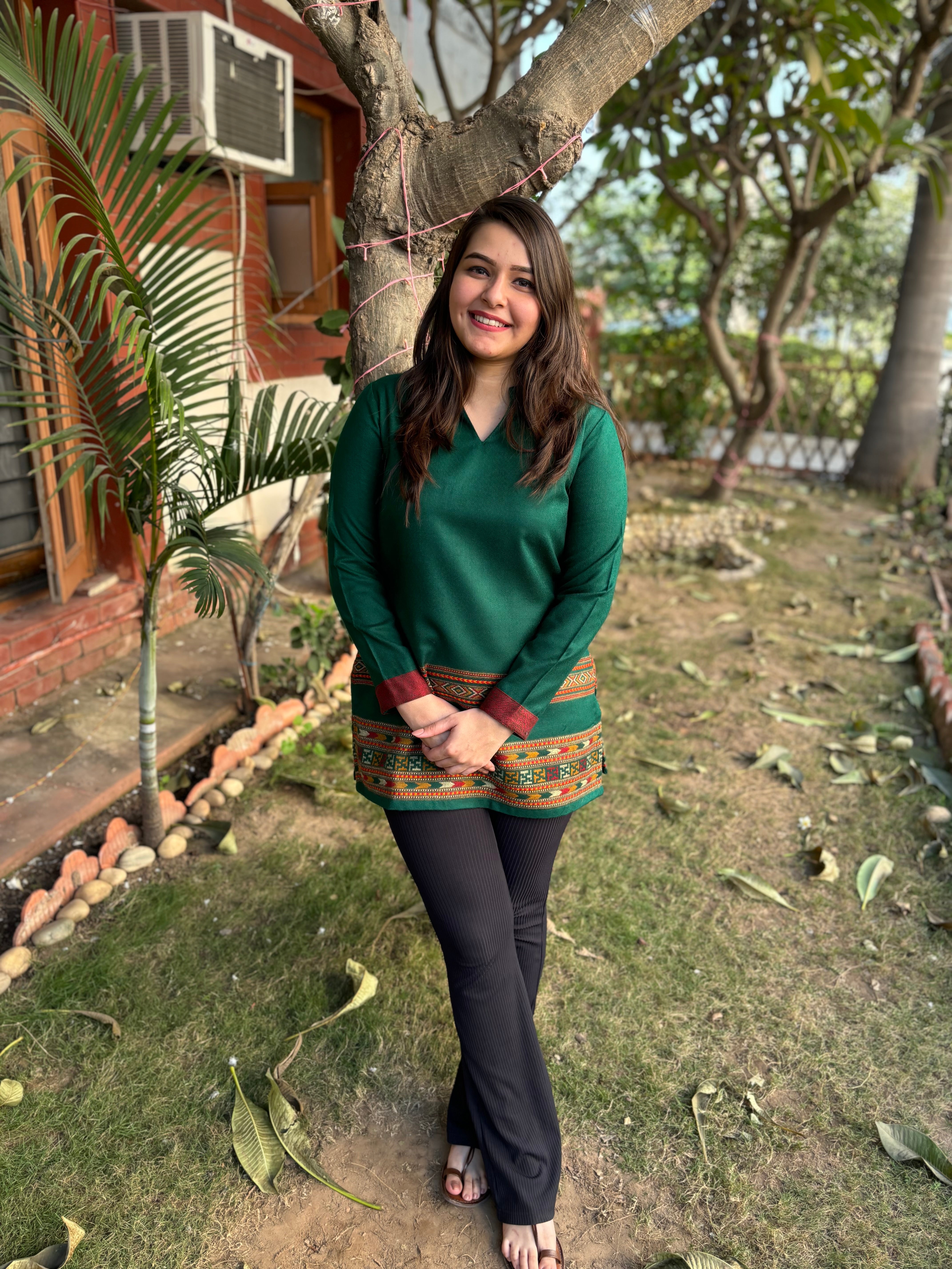 Green Kullu border woollen short kurti