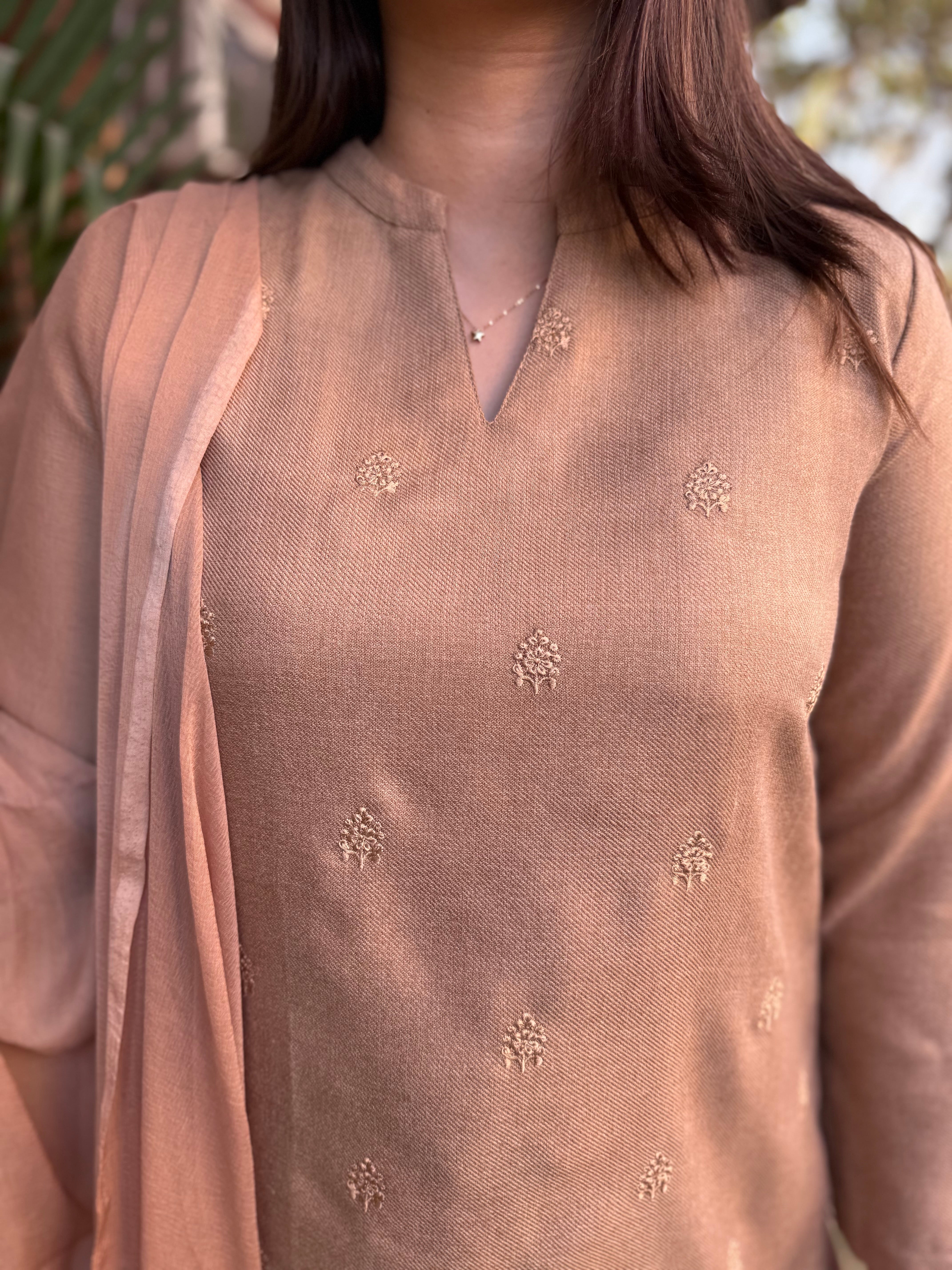 Soft brown embroidered woollen suit set