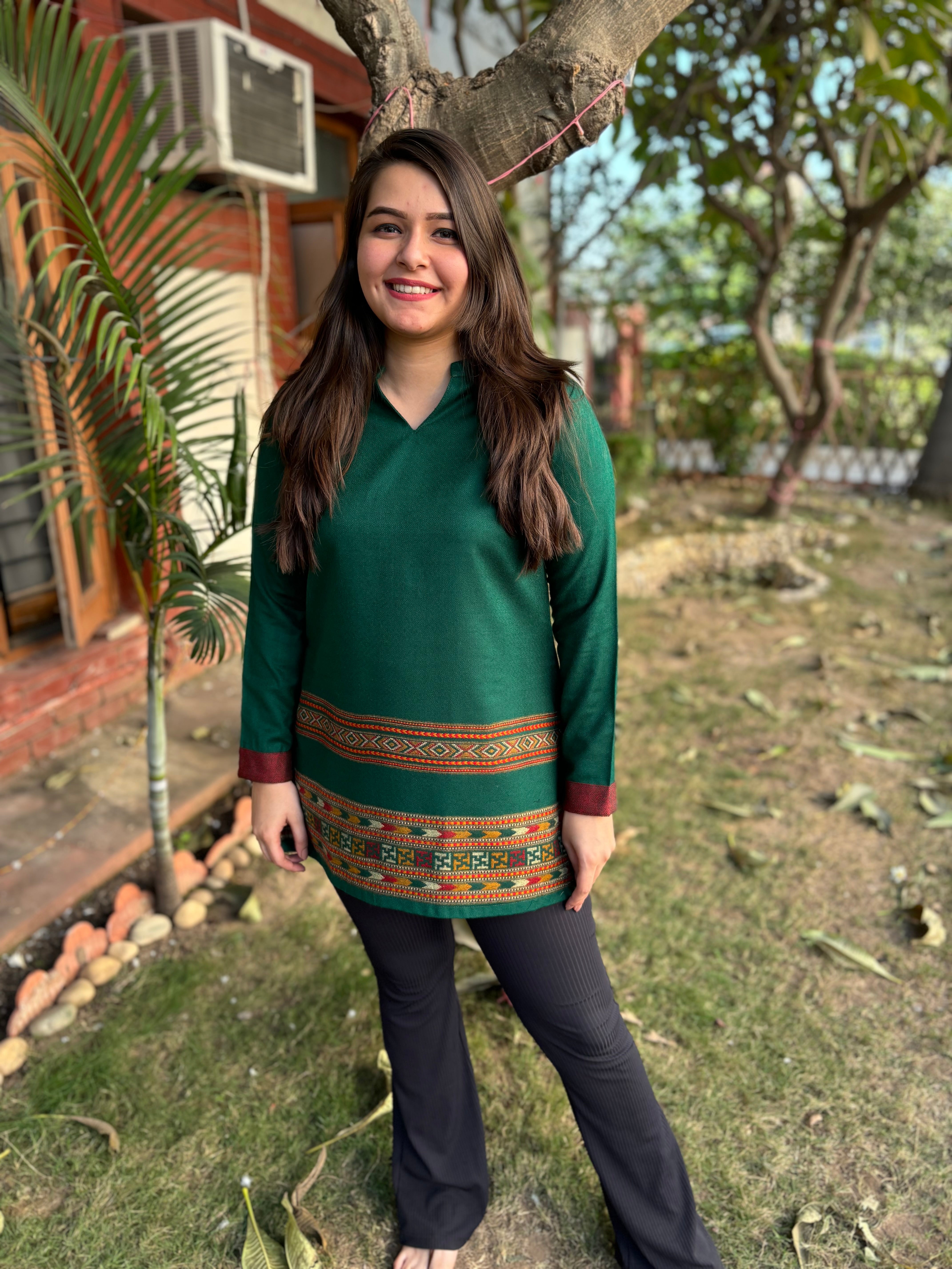 Green Kullu border woollen short kurti