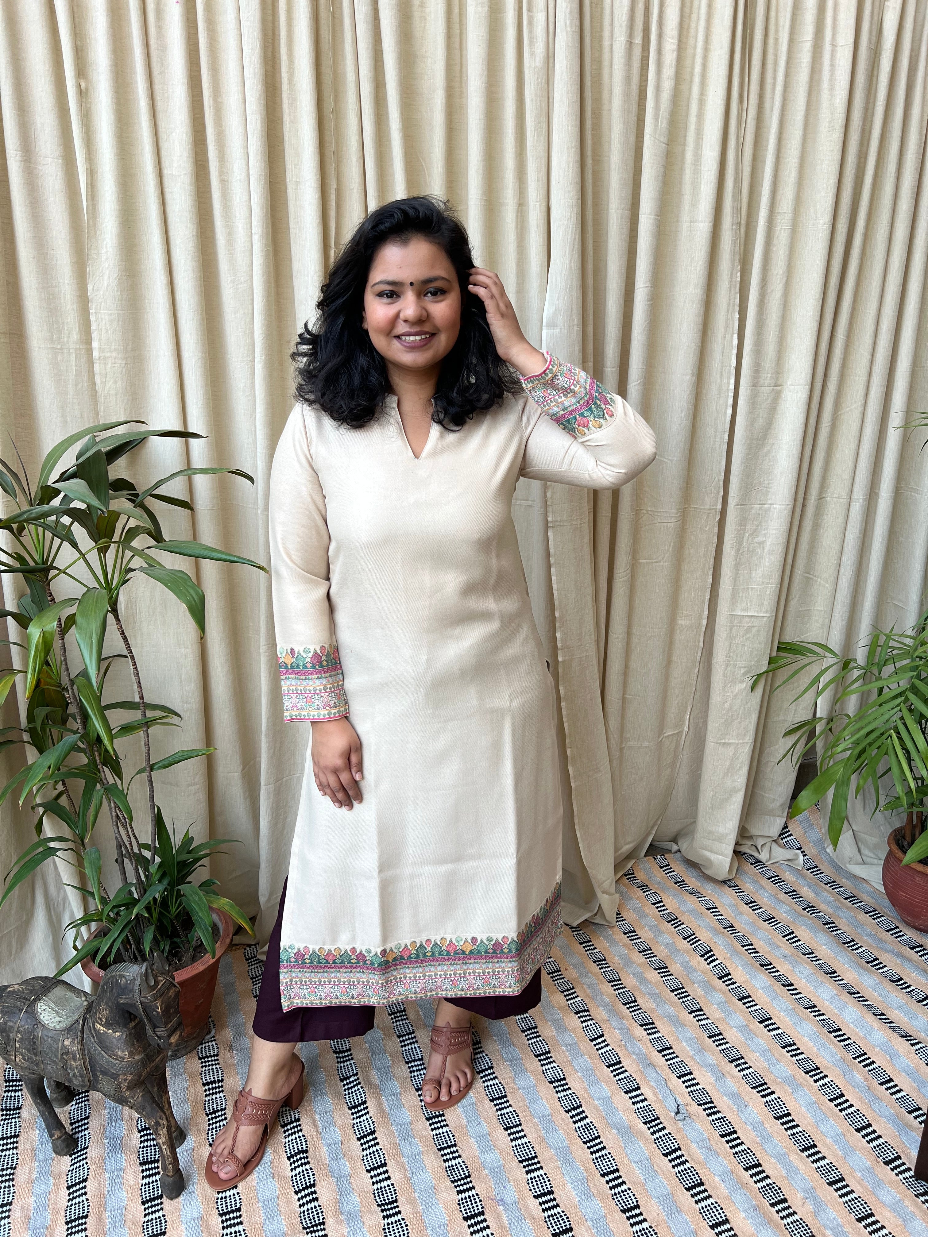 Cream border woollen kurta