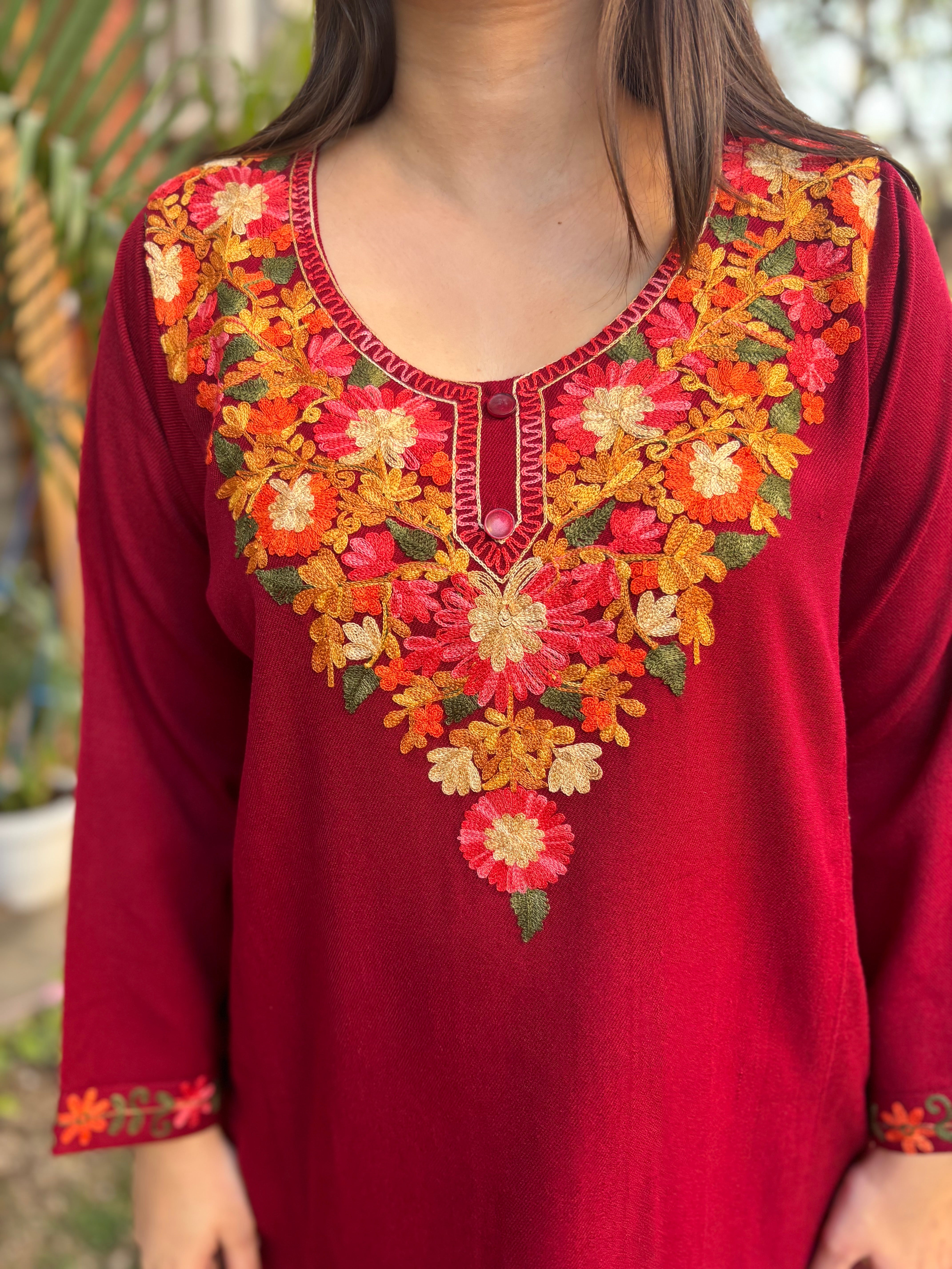 Maroon embroidered Phiran (Loose fitting)