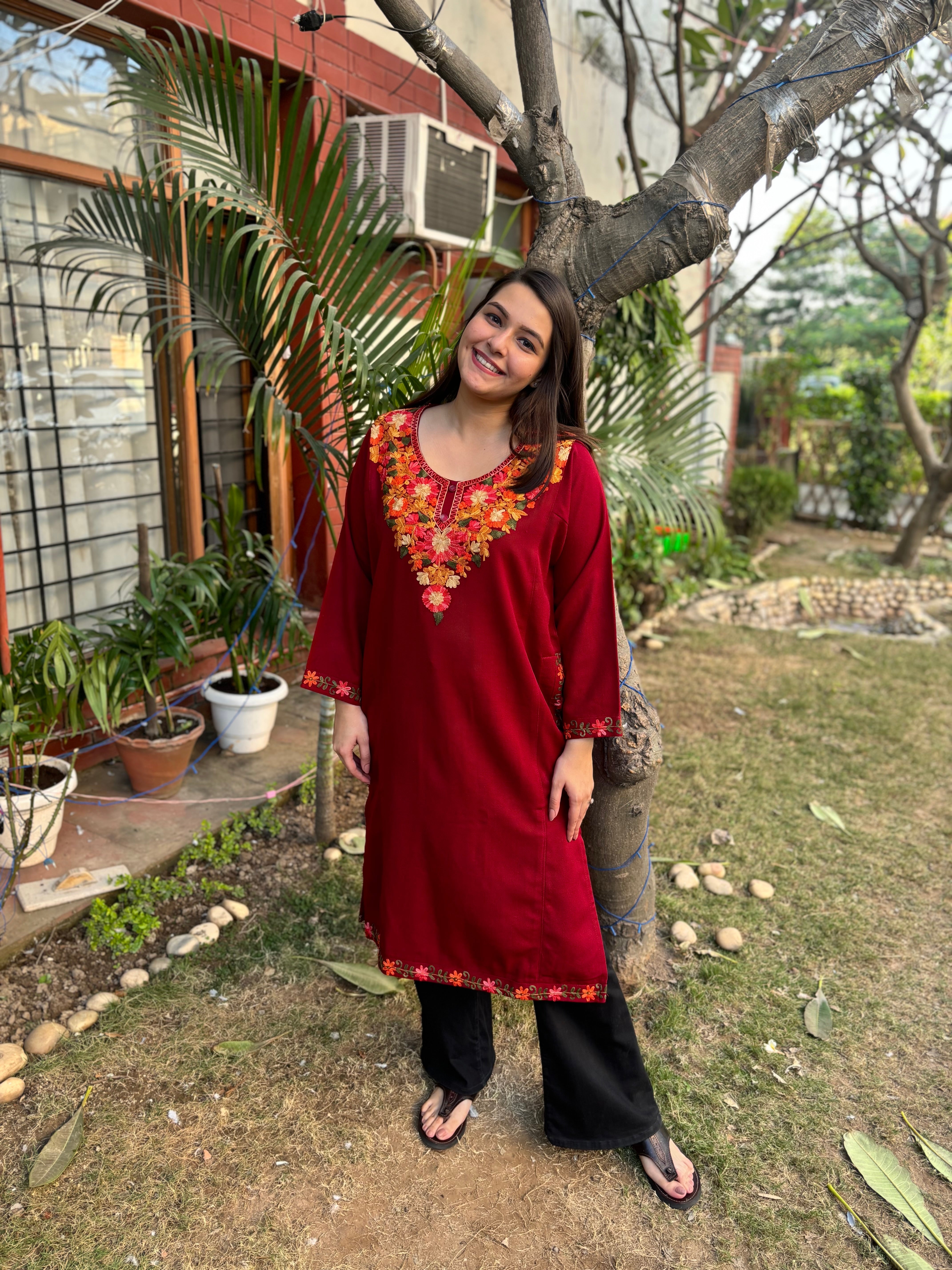 Maroon embroidered Phiran (Loose fitting)