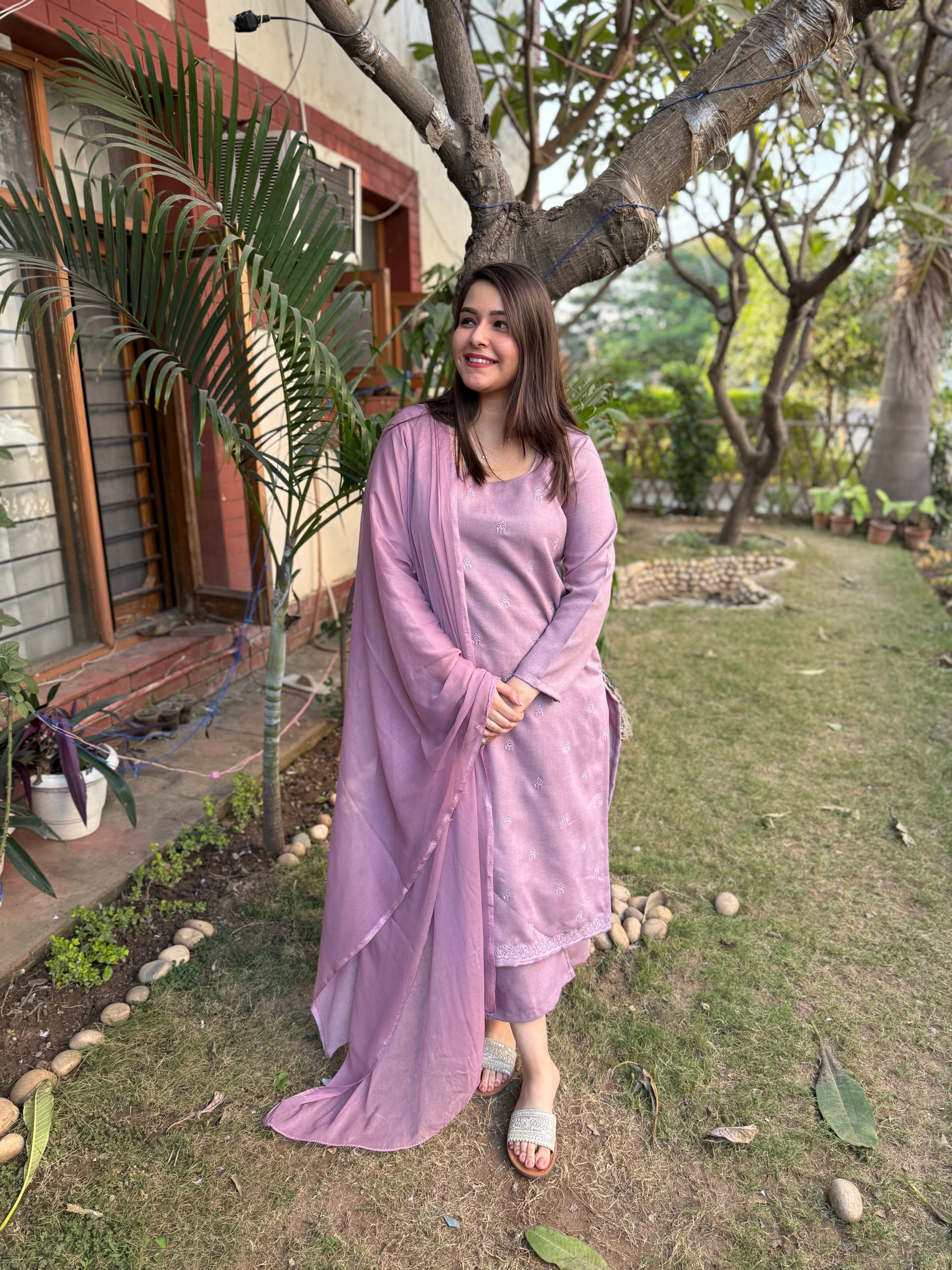 lavender embroidered woollen suit set