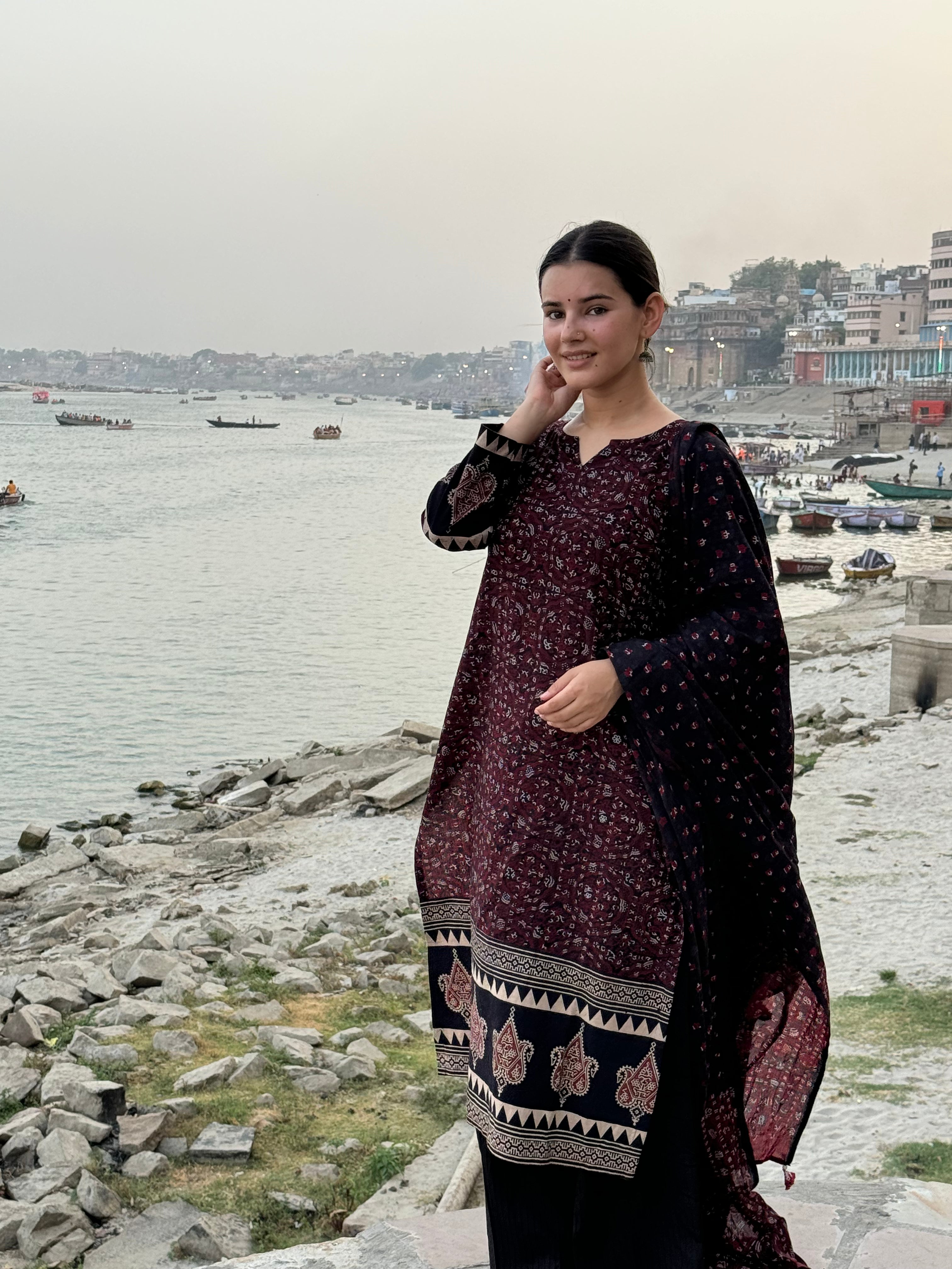 Black Ajrakh Border kurta duppata set