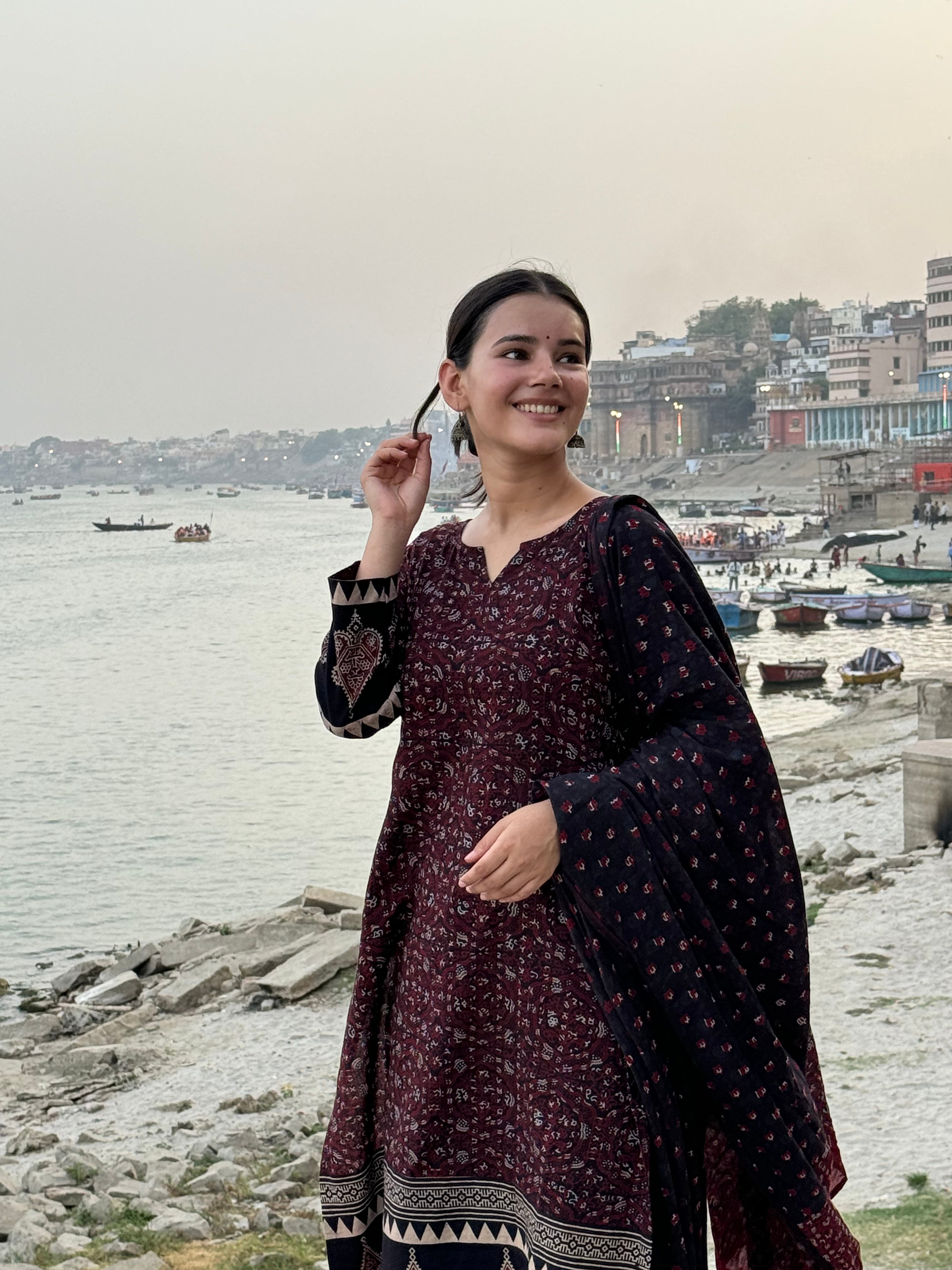 Black Ajrakh Border kurta duppata set