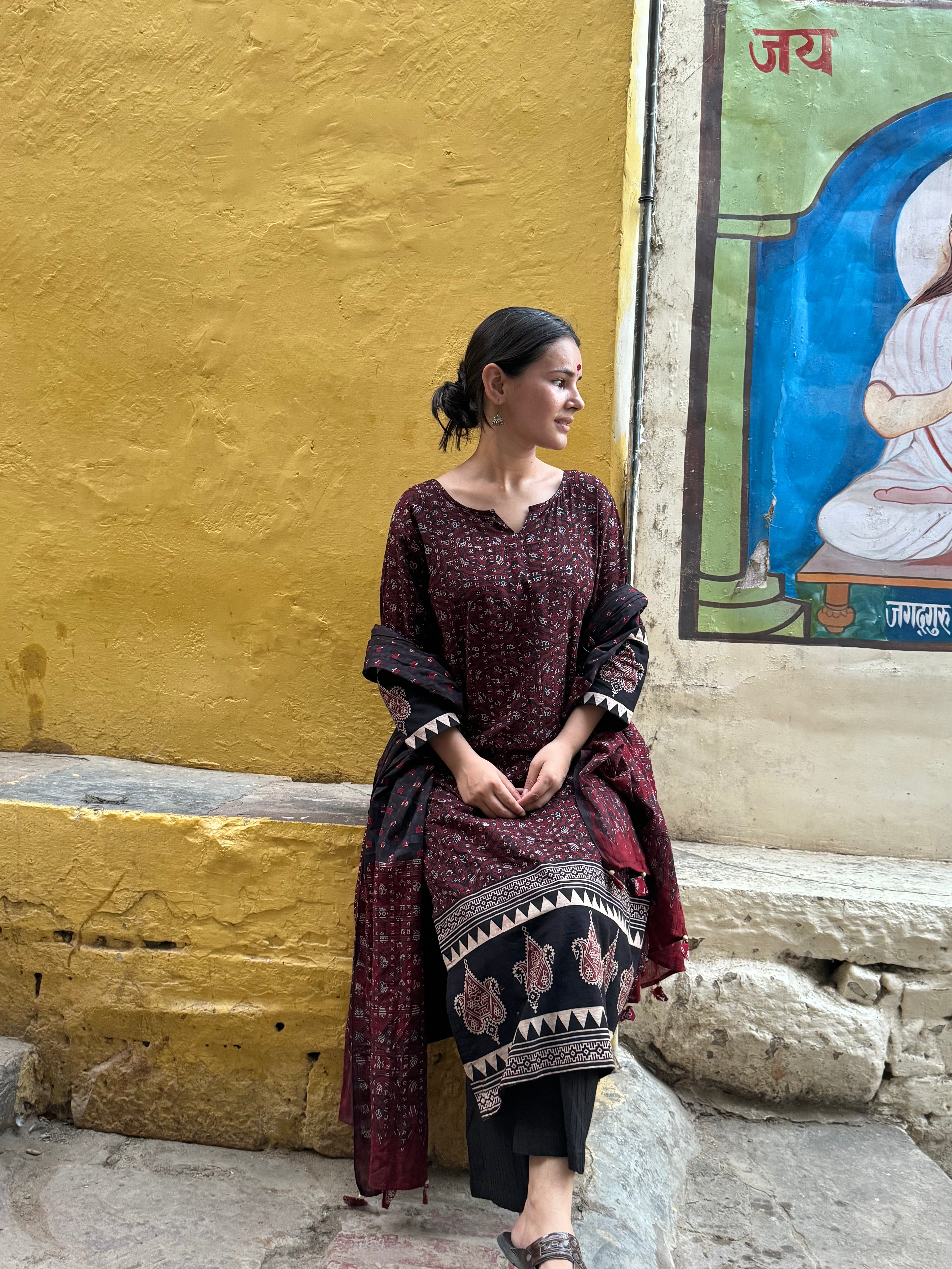 Black Ajrakh Border kurta duppata set