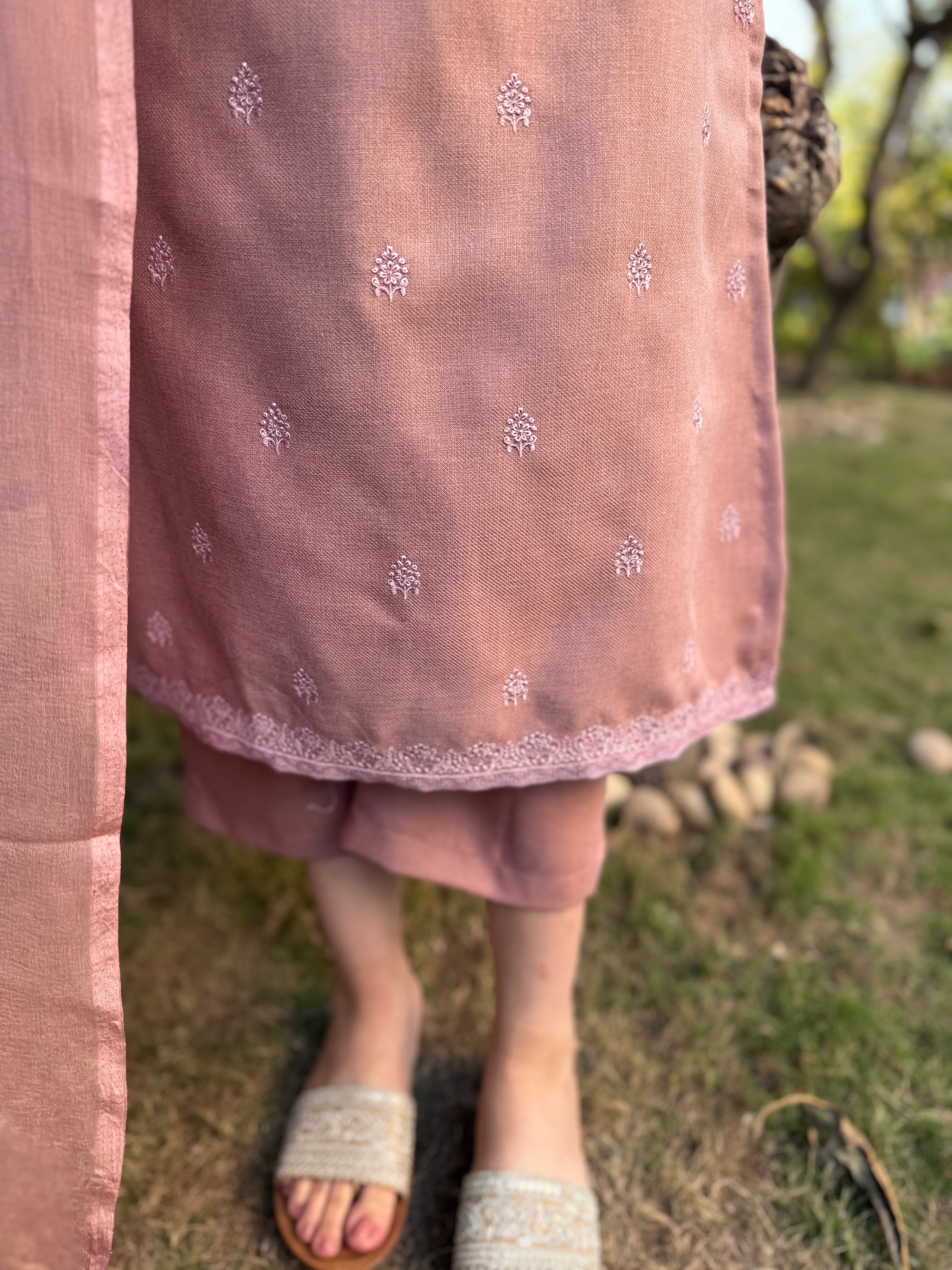 Pastel pink embroidered woollen suit set