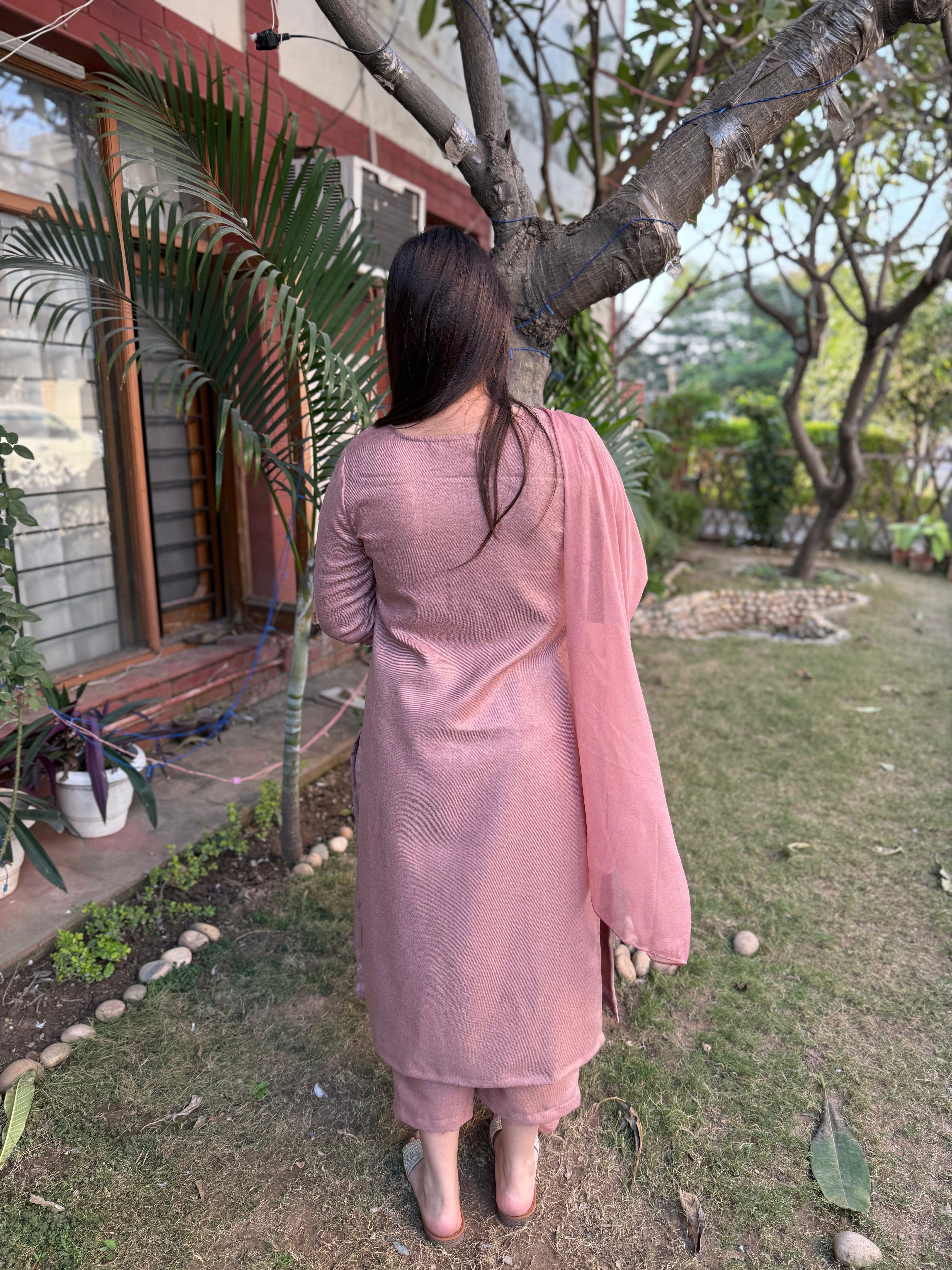 Pastel pink embroidered woollen suit set