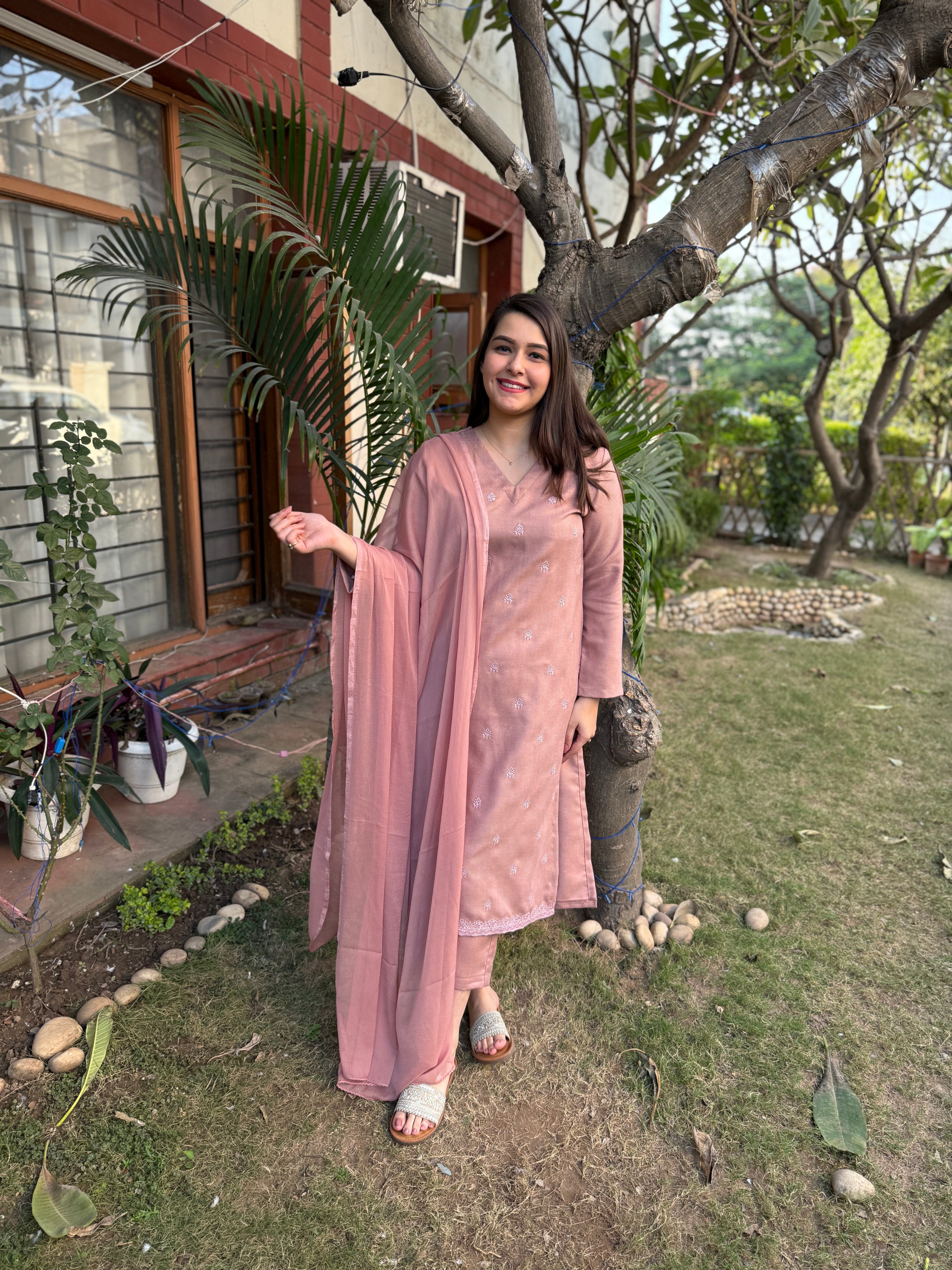 Pastel pink embroidered woollen suit set