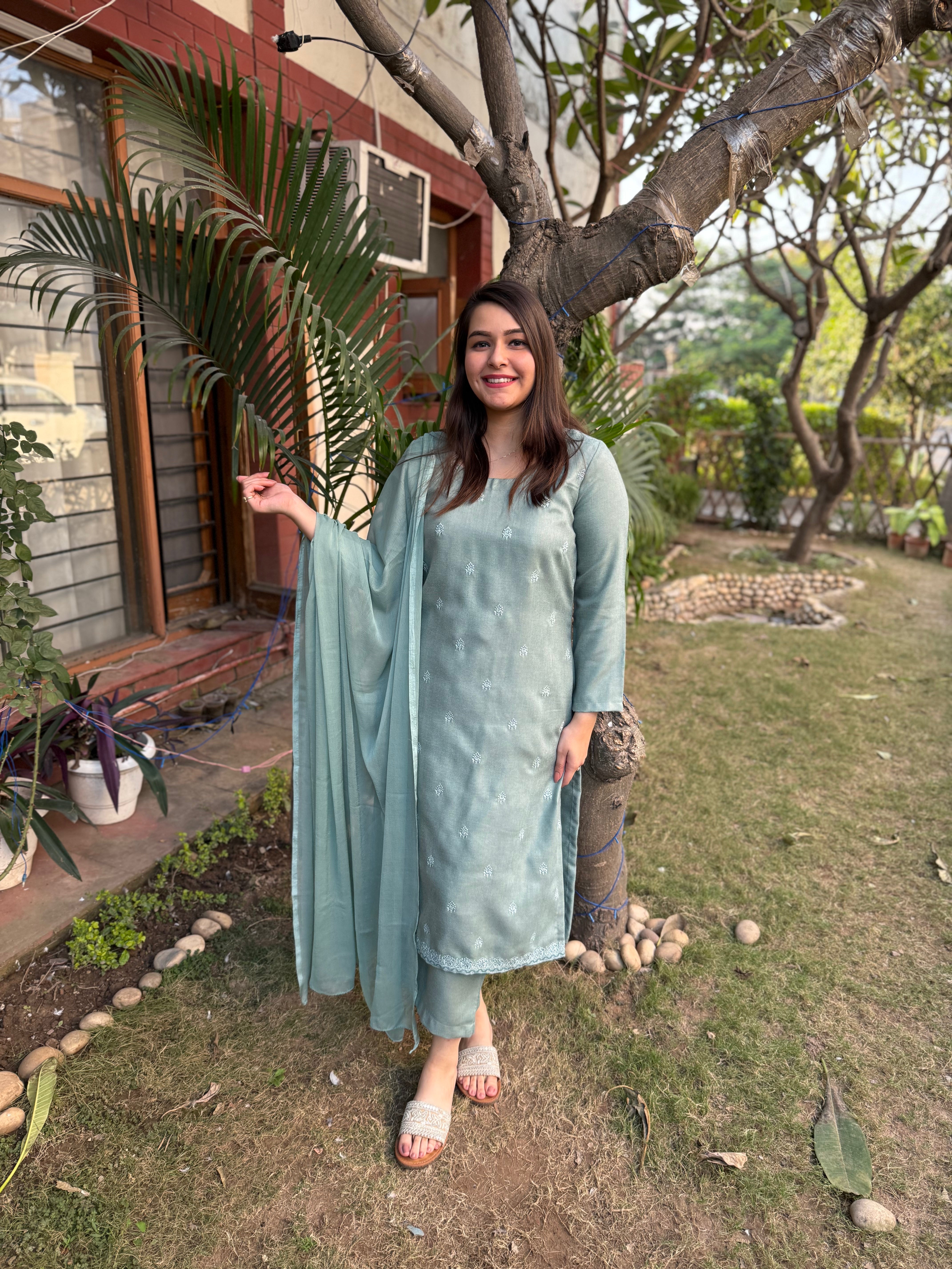 Pista green embroidered woollen suit set