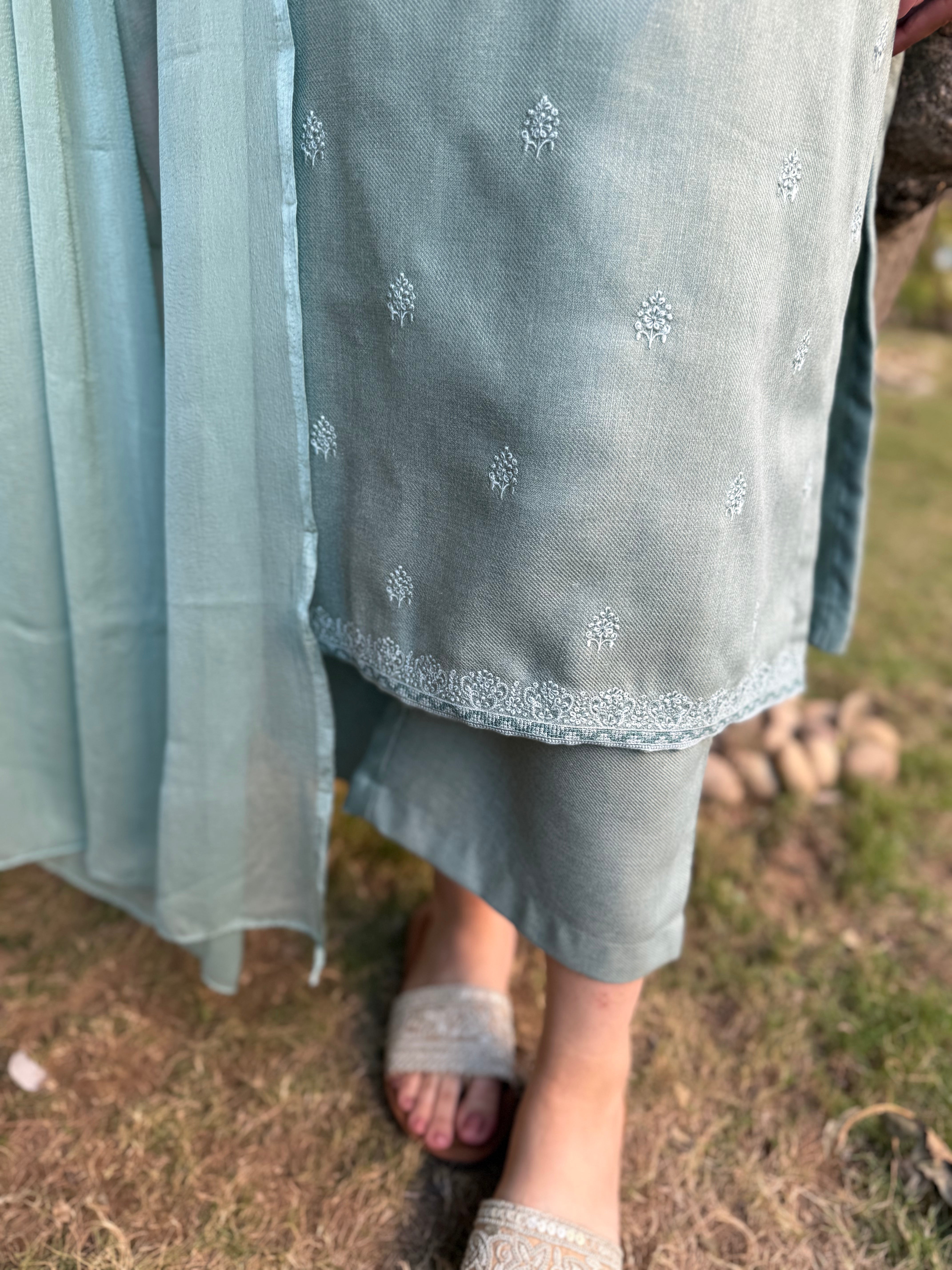 Pista green embroidered woollen suit set