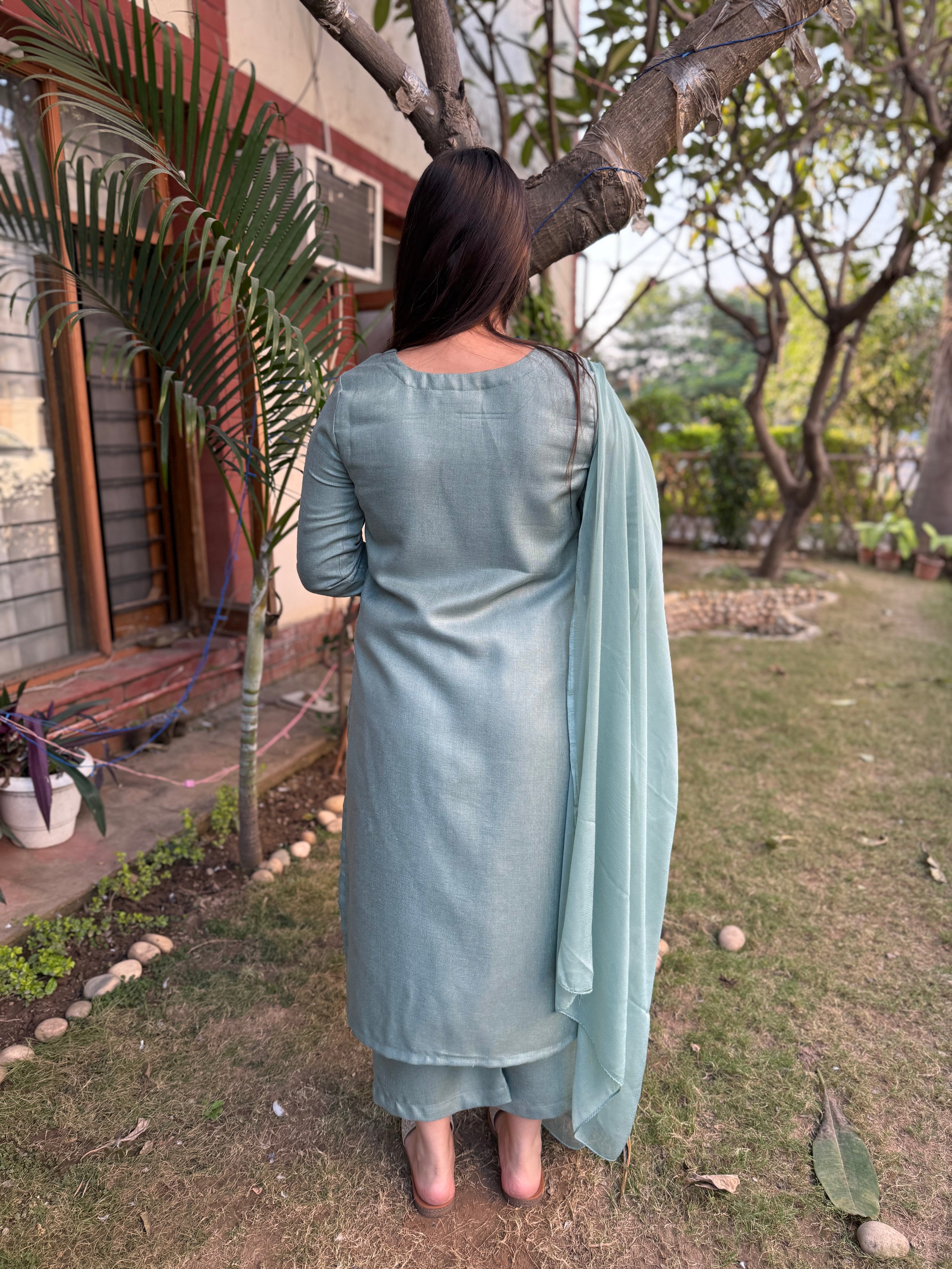 Pista green embroidered woollen suit set