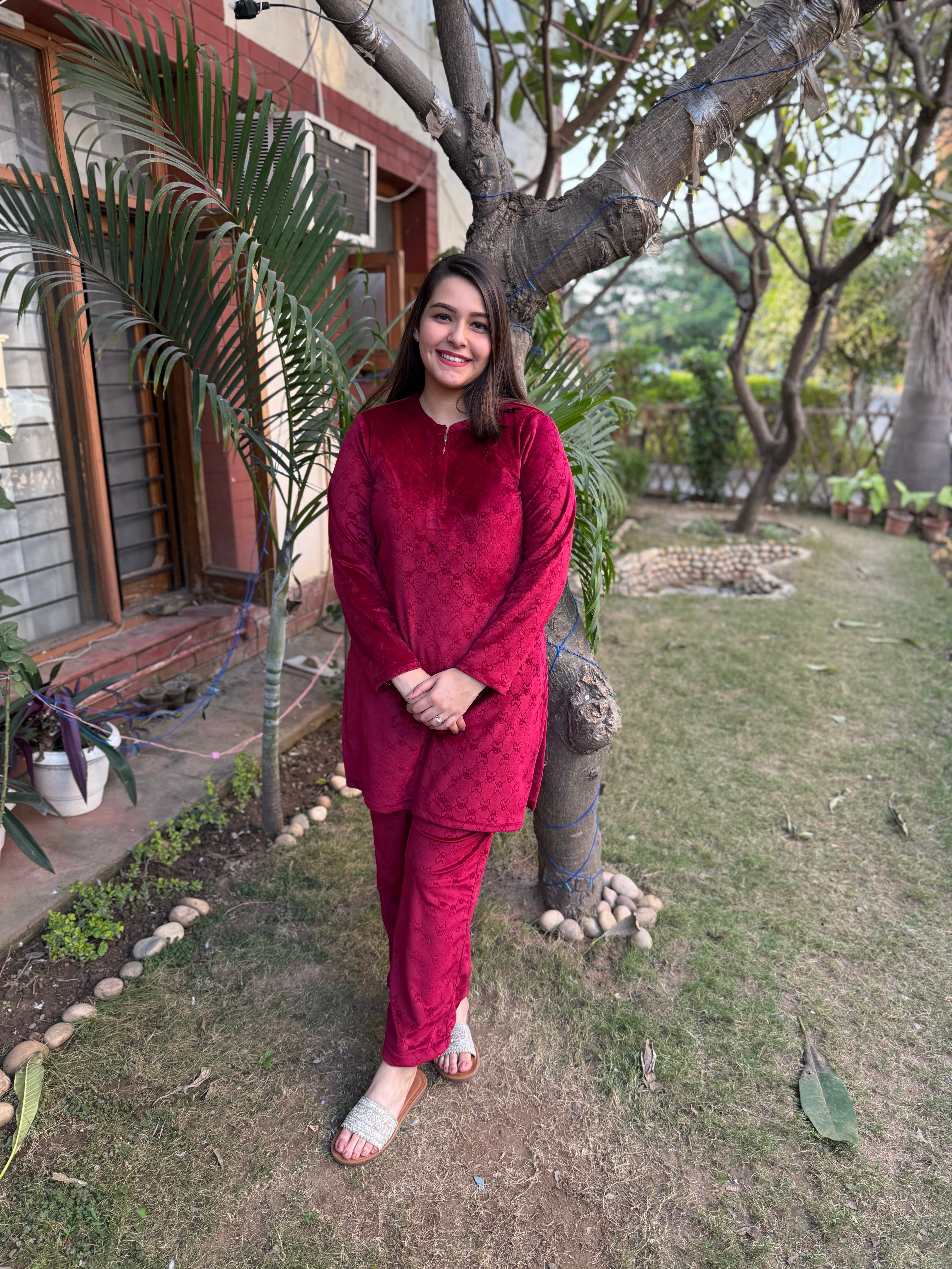 Maroon textured Fleece night-suit