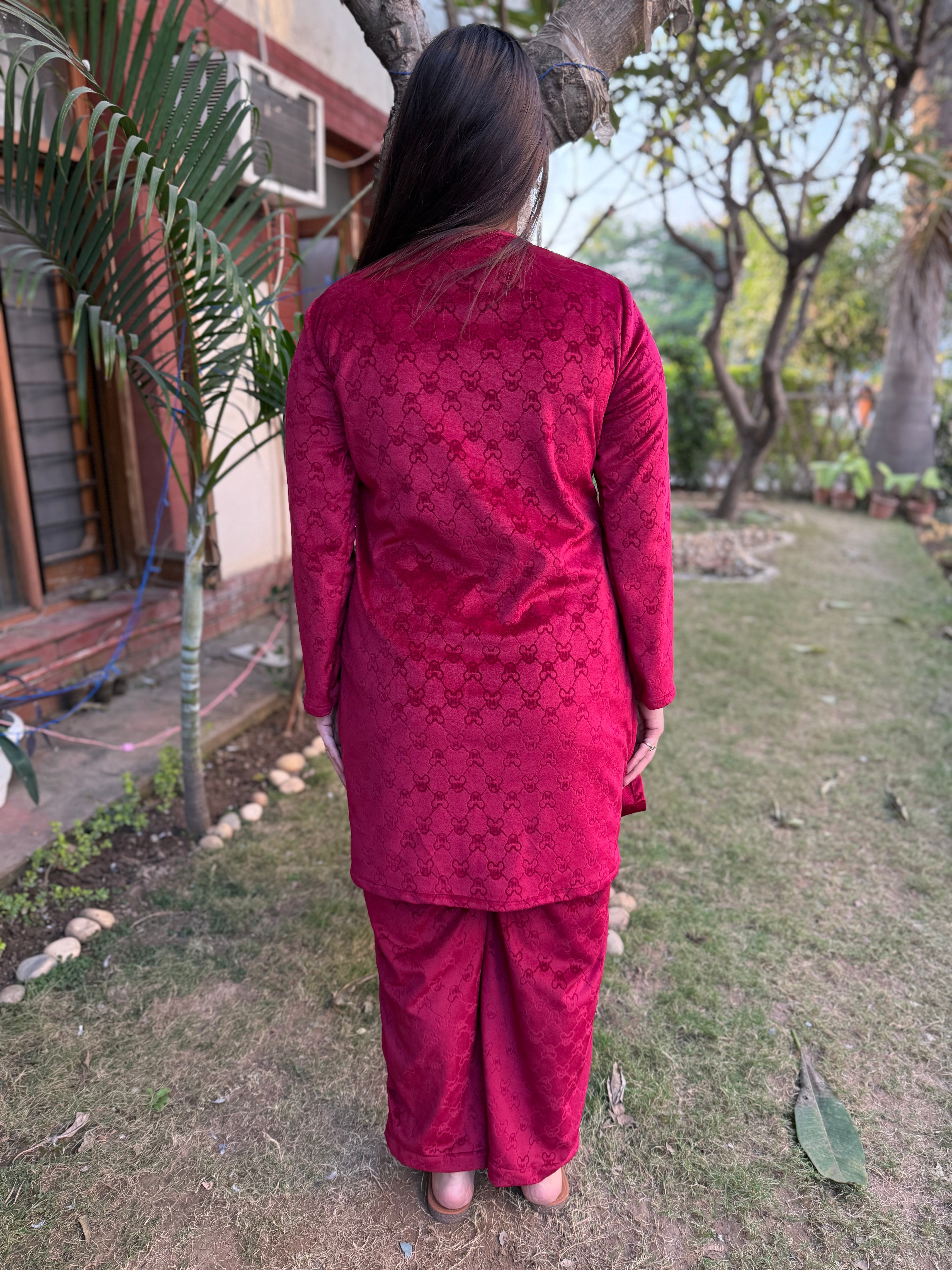 Maroon textured Fleece night-suit
