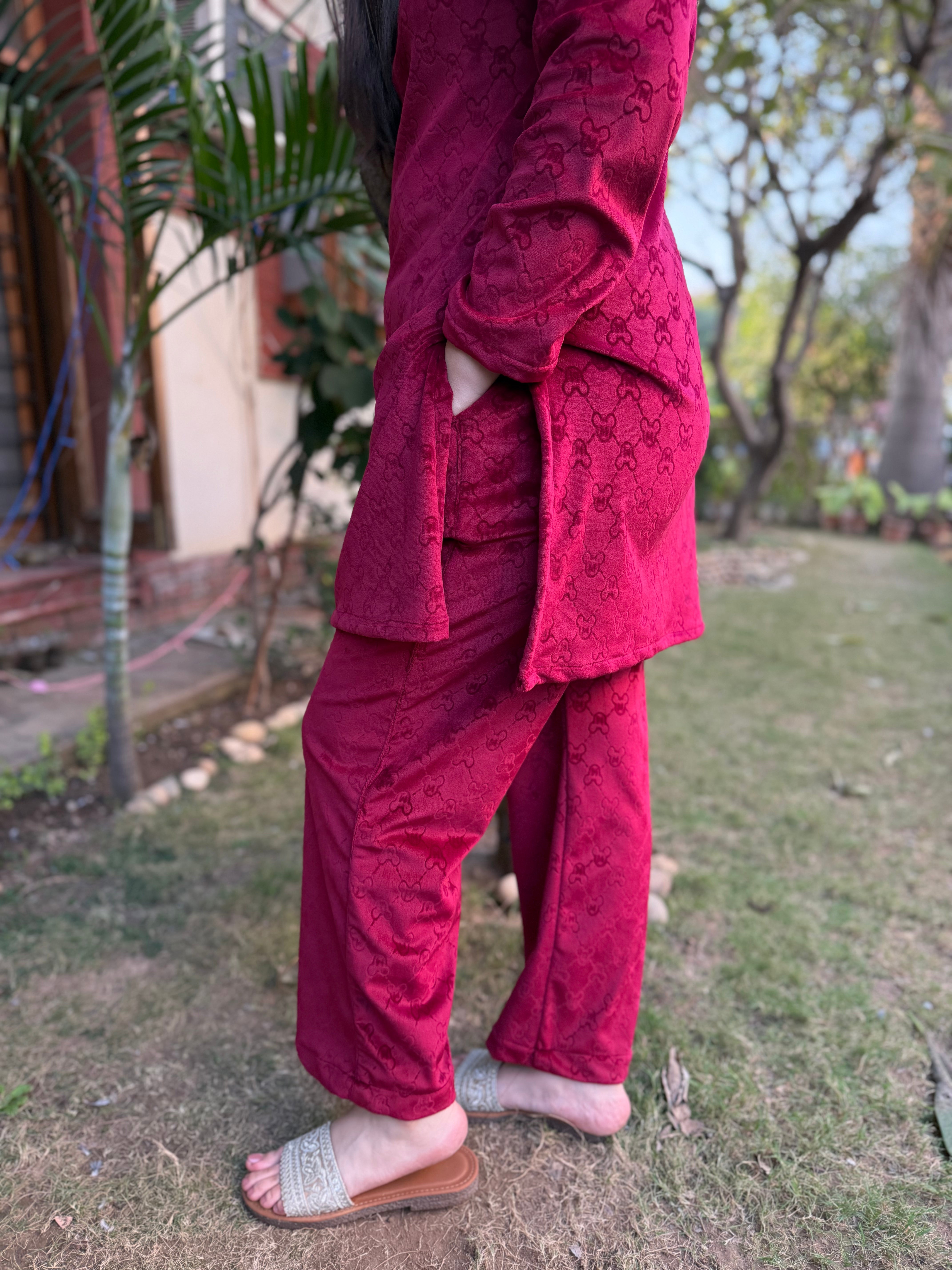 Maroon textured Fleece night-suit