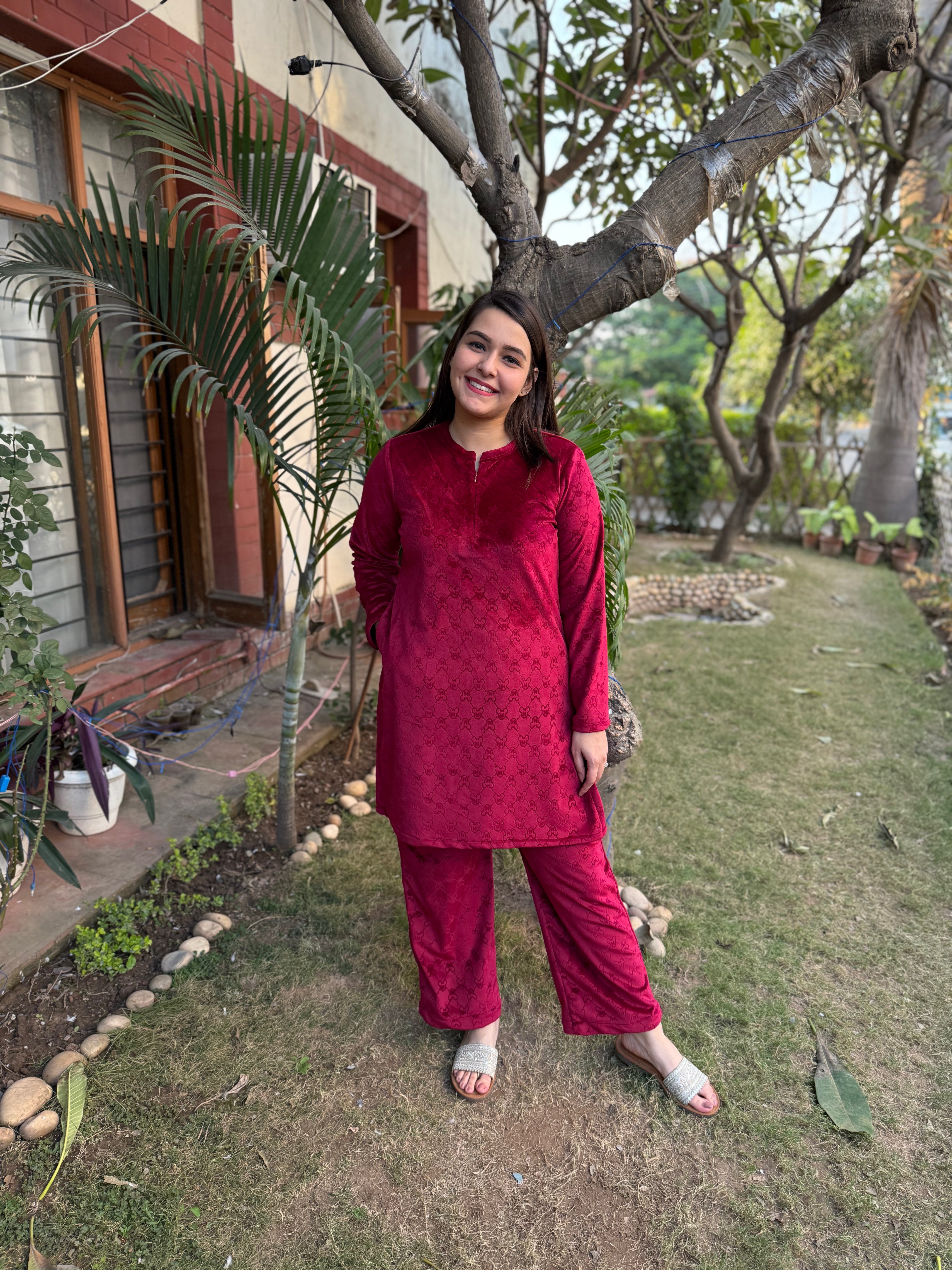 Maroon textured Fleece night-suit