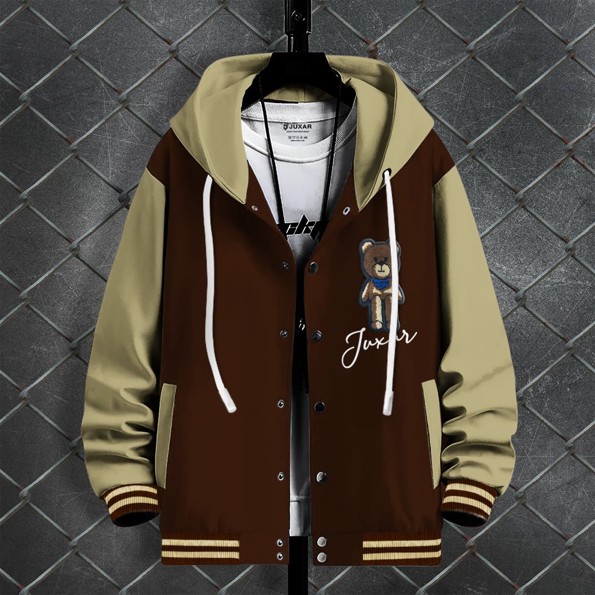 BEIGE & BROWN VARSITY HOOD JACKET