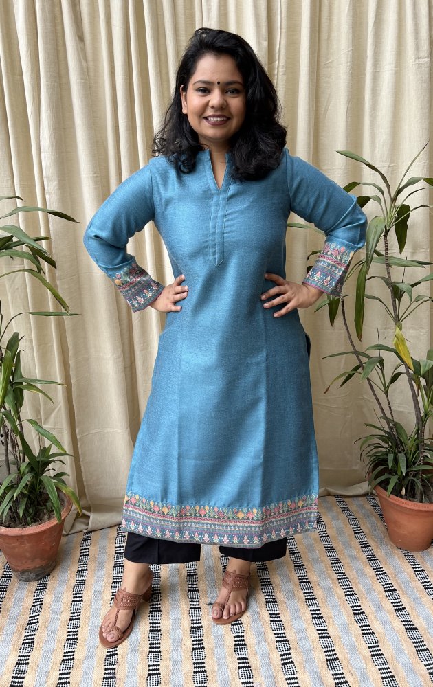 Ferozi Woollen Kurti with Border