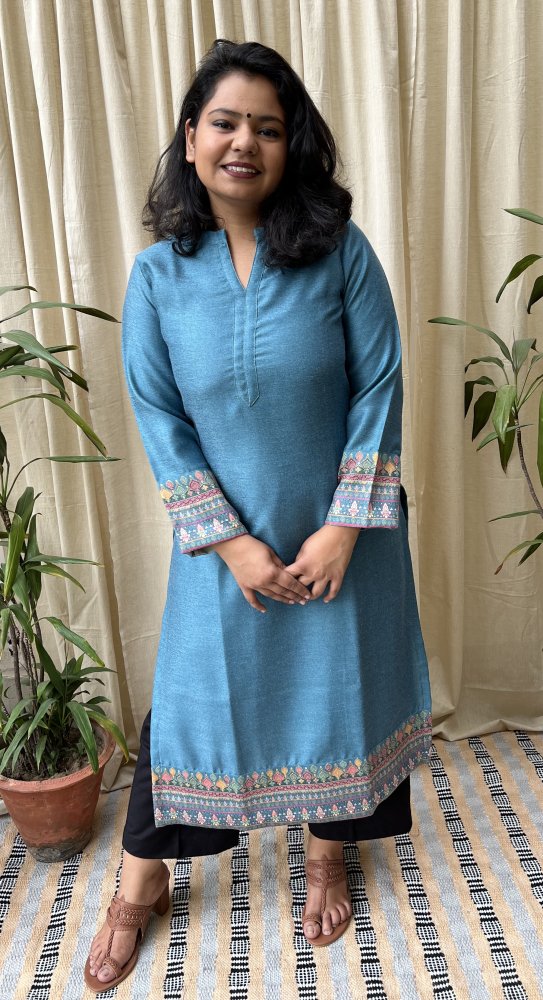 Ferozi Woollen Kurti with Border