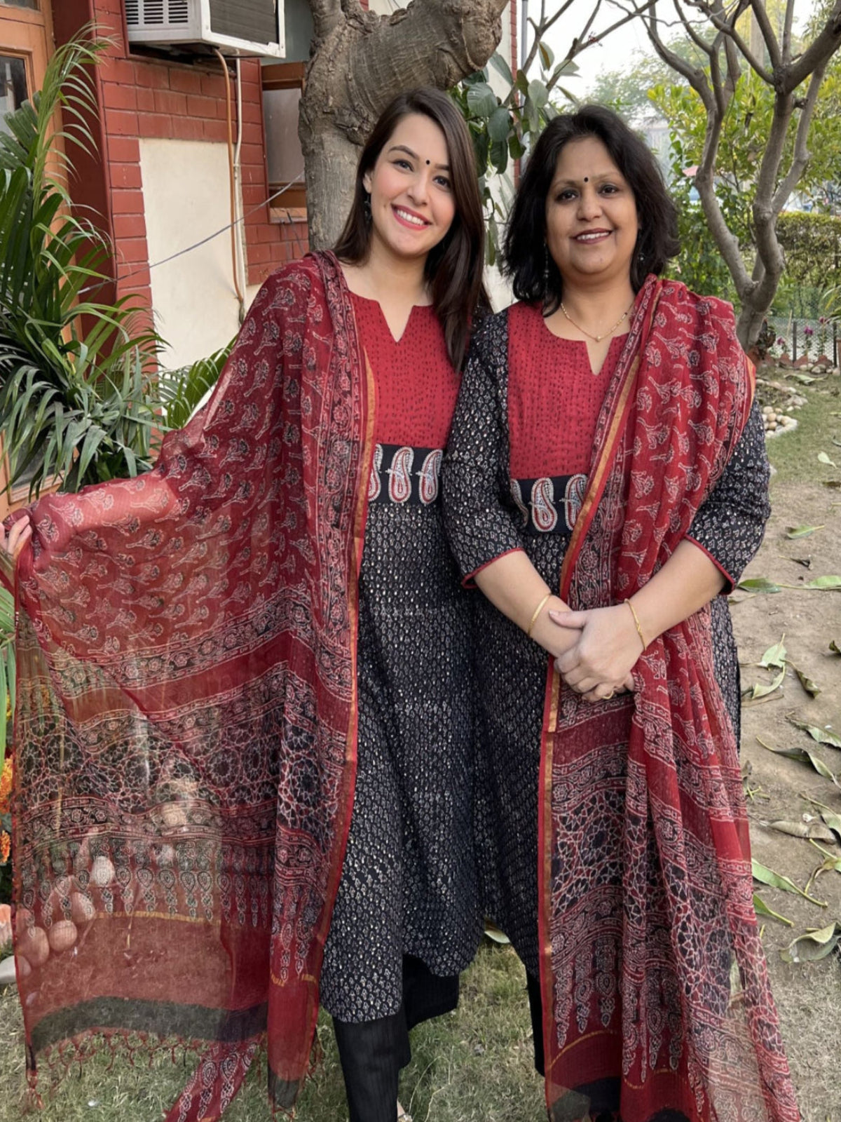 Black Buti ajrakh Yoke Kurta duppata set