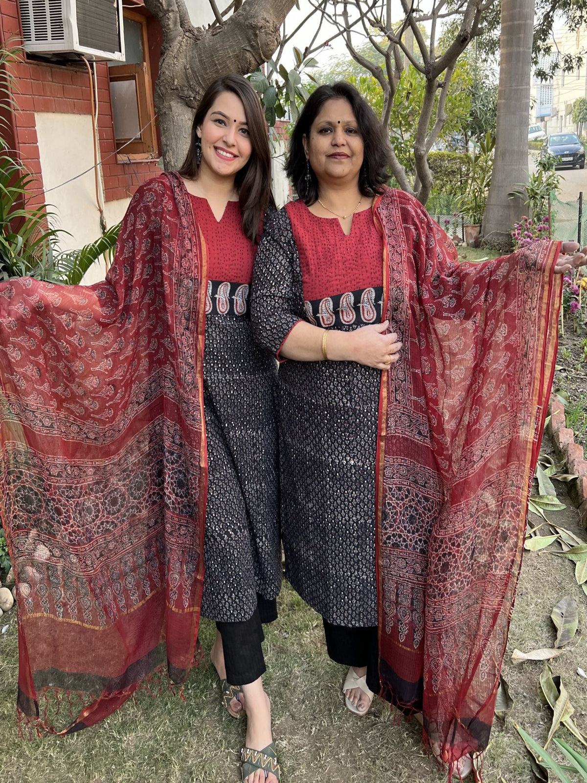 Black Buti ajrakh Yoke Kurta duppata set