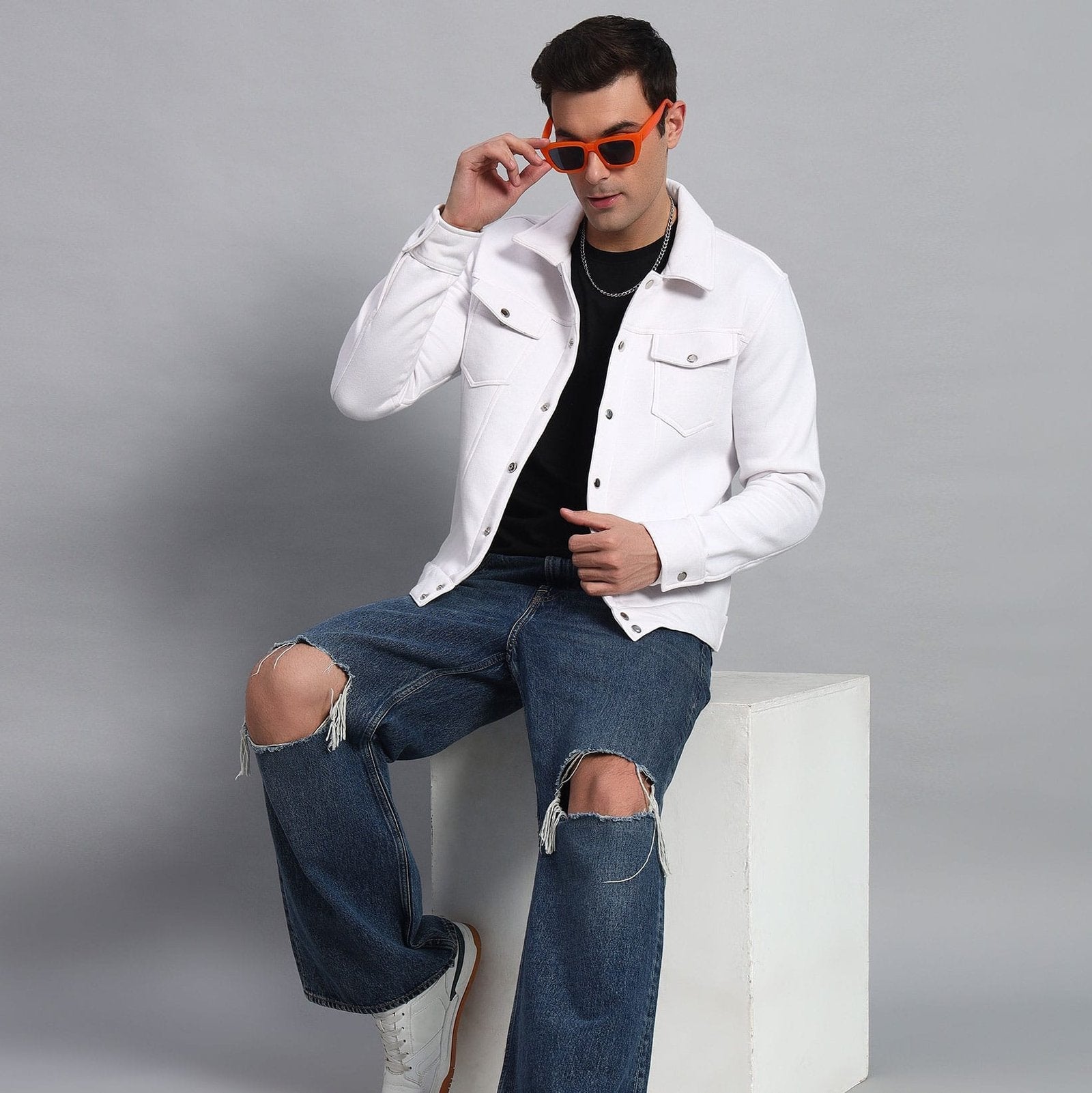 WHITE TRUCKER JACKET MENS